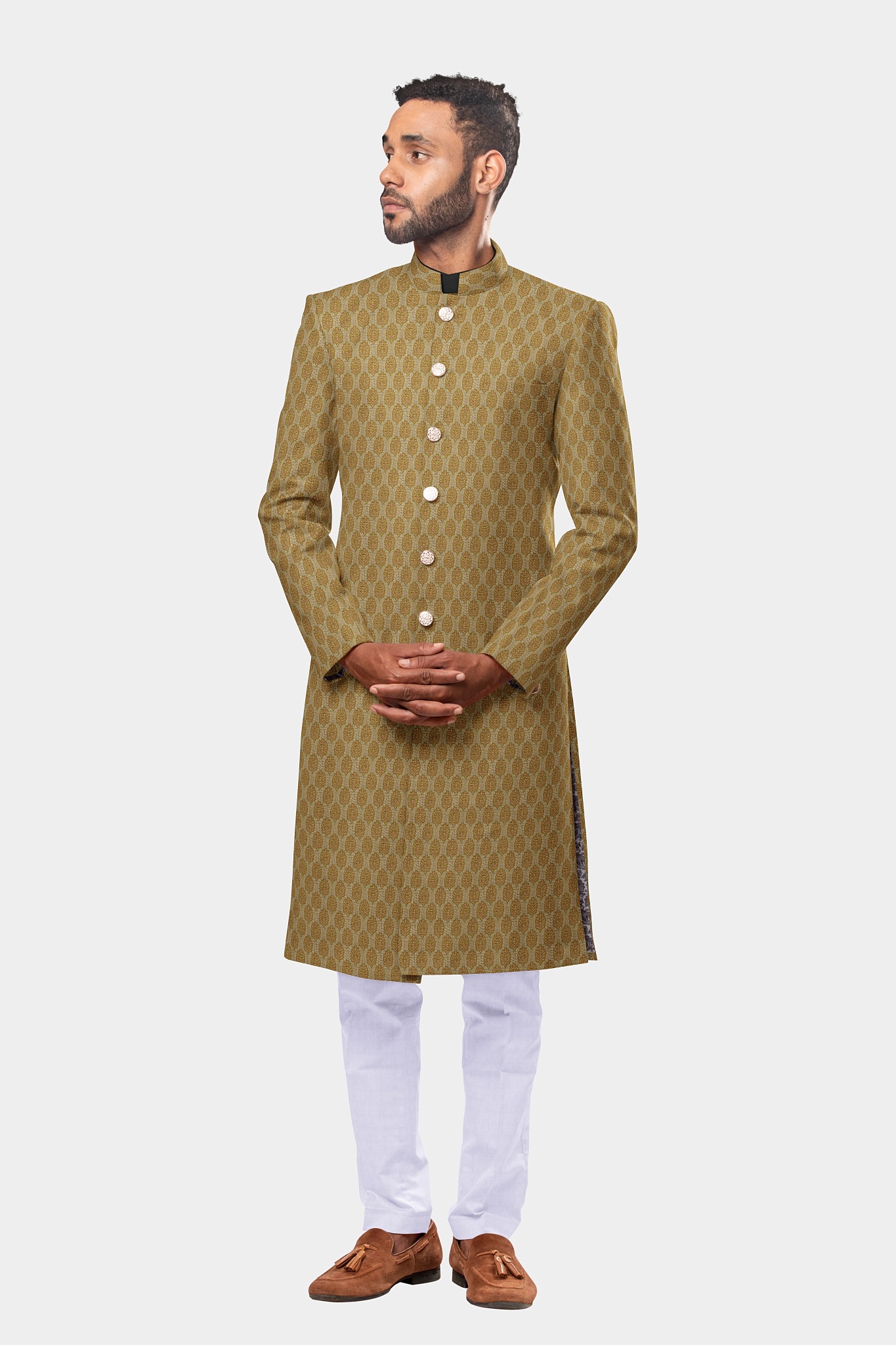 Golden Radiance with Vibrant Green and Red Detailed Sherwani 120JK